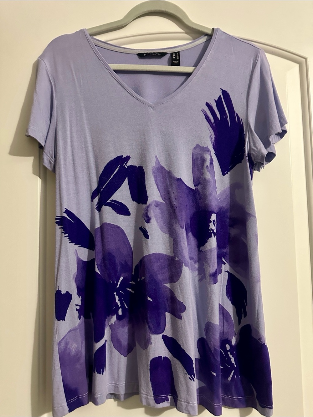 H by Halston Lavender V-Neck Tee with Bold Purple Floral Print